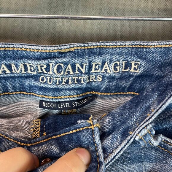 American Eagle Skirt Women's 8 Blue Distressed Zip Fly Button Rips - Picture 5 of 10